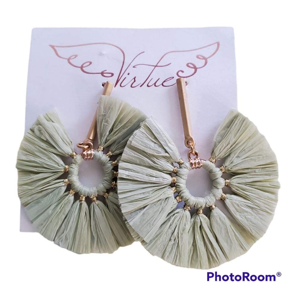 Virtue Jewelry Green and Gold Raffia Earrings